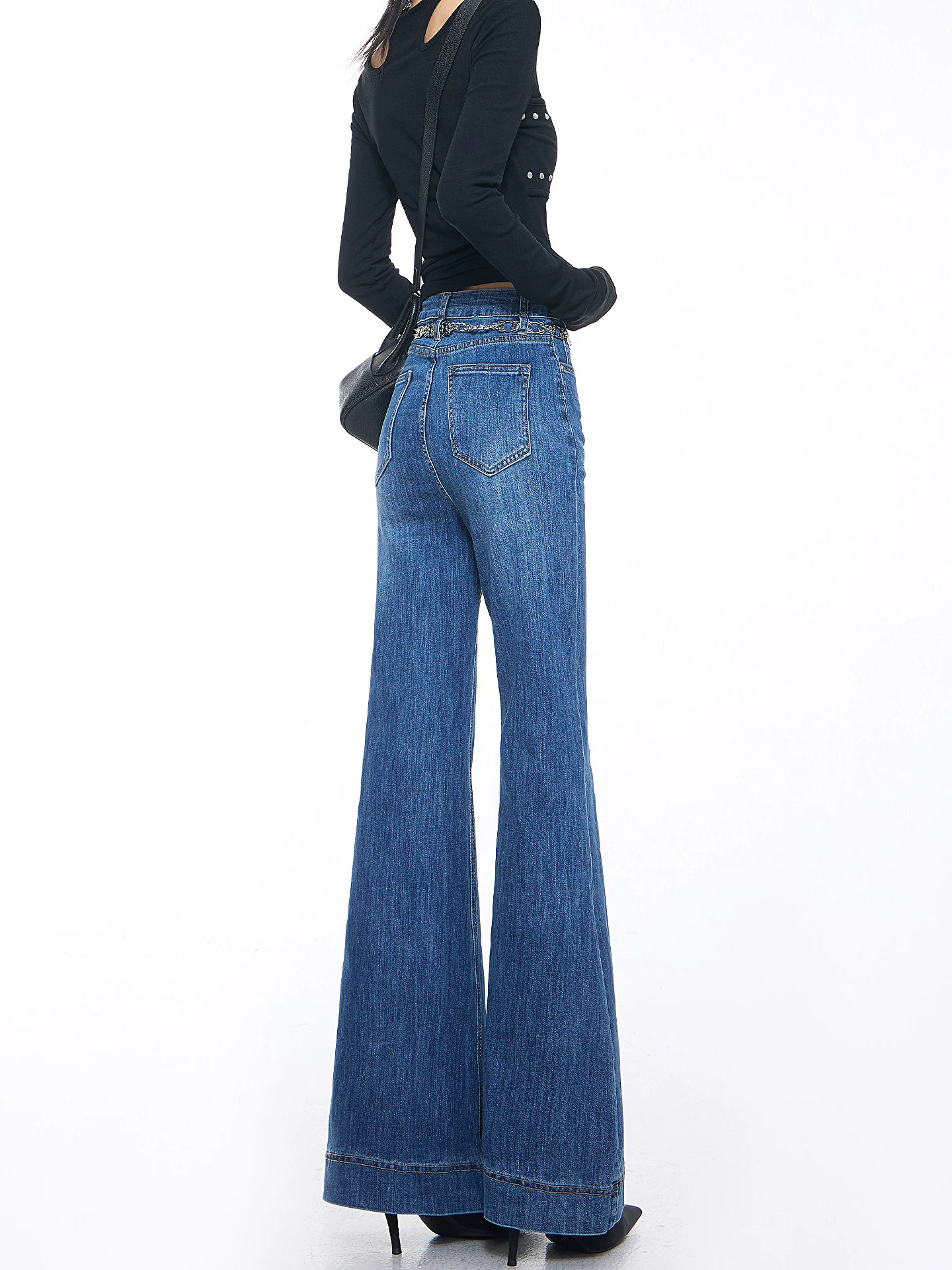 KEN STUDIO Xuân Thu Mới Vintage Xanh Dương Quần Jean Loe Nữ Cao Cấp Slim Fit Co Giãn Quần Đáy Chuông