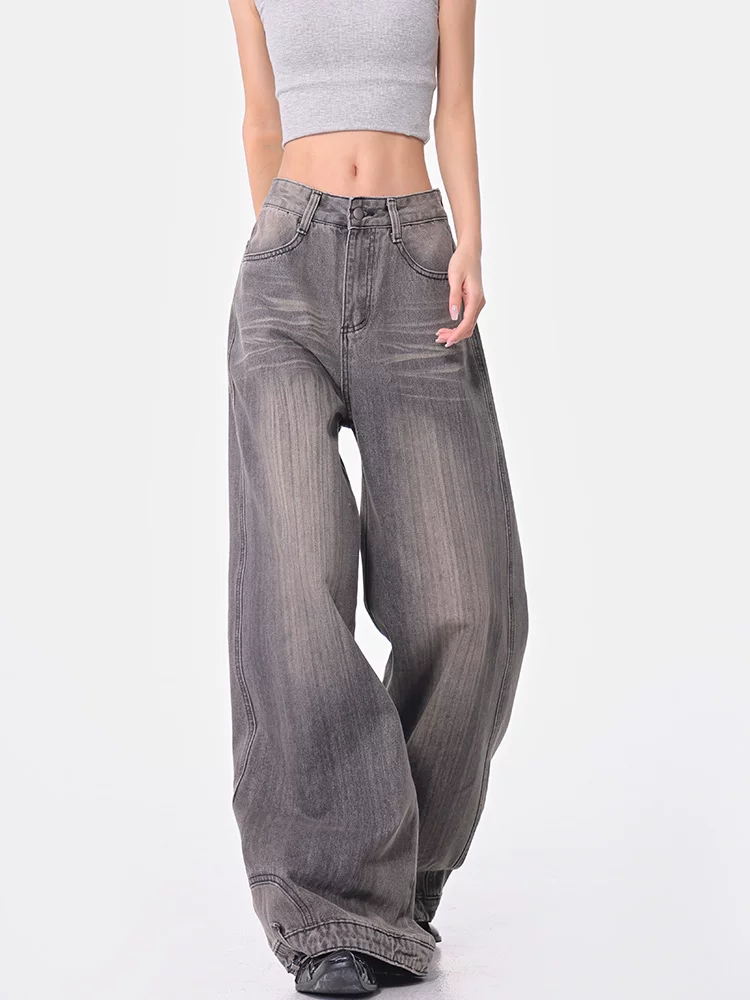 KEN STUDIO Quần jean ống rộng màu xám cổ điển mới mùa xuân thu dành cho nữ, quần dài dáng rộng dáng rộng, dáng rộng