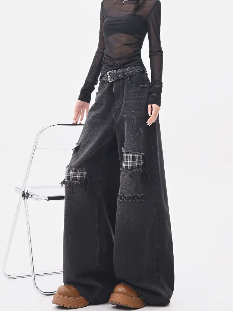 KEN STUDIO Quần jean chắp vá kiểu cổ điển Mỹ dành cho nữ, quần ống rộng dáng rộng mới mùa xuân thu.