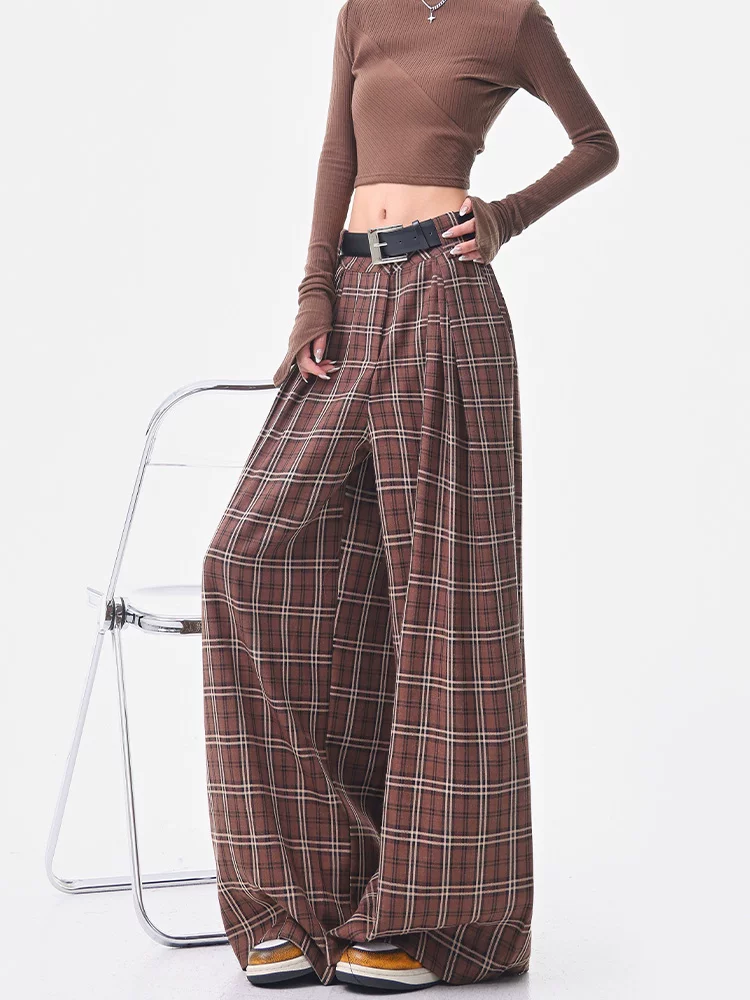 KEN STUDIO quần âu kẻ sọc màu cà phê cổ điển mới mùa hè và mùa thu dành cho nữ, quần cạp cao, dáng rộng, quần kiểu dáng ôm dáng.