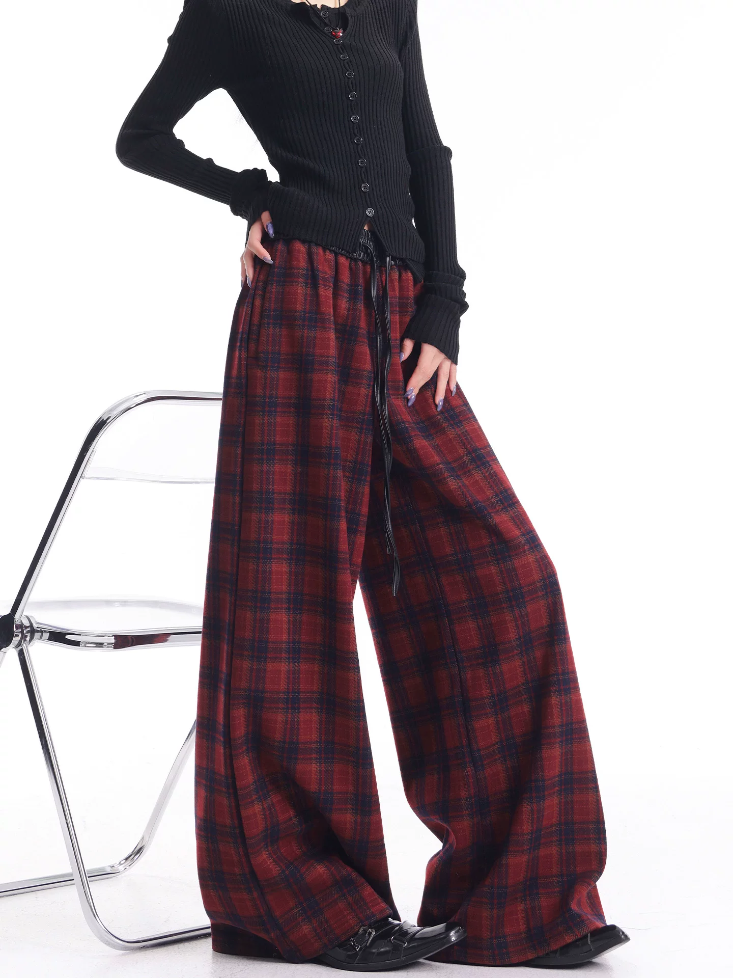 KEN STUDIO Quần kẻ sọc dày lót lông cừu màu đỏ thu đông mới dành cho nữ có eo co giãn và quần ống rộng bằng vải chắp vá