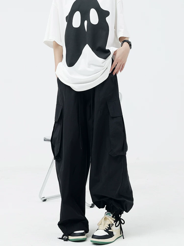 Quần cargo phong cách đường phố kiểu Mỹ màu đen của KEN STUDIO dành cho nữ, quần ống rộng kiểu cổ điển mùa xuân thu mới có ống quần bo gấu.