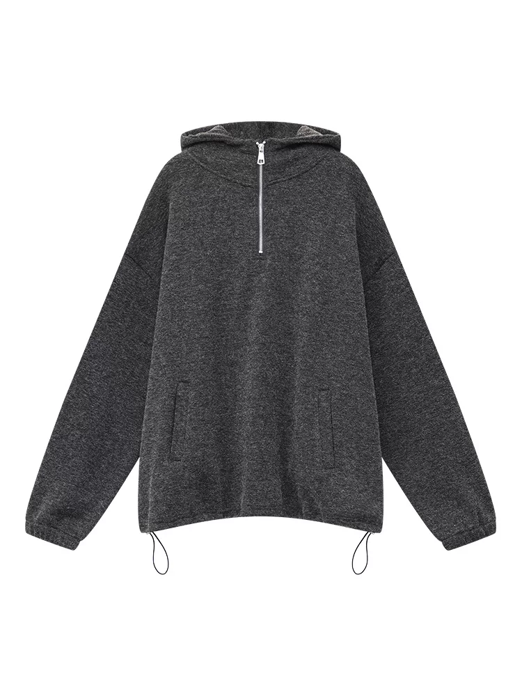 KEN STUDIO Áo len có mũ trùm đầu kiểu dáng giản dị mùa thu đông mới dành cho nữ, có lót lông cừu và dày dặn, áo khoác dáng rộng