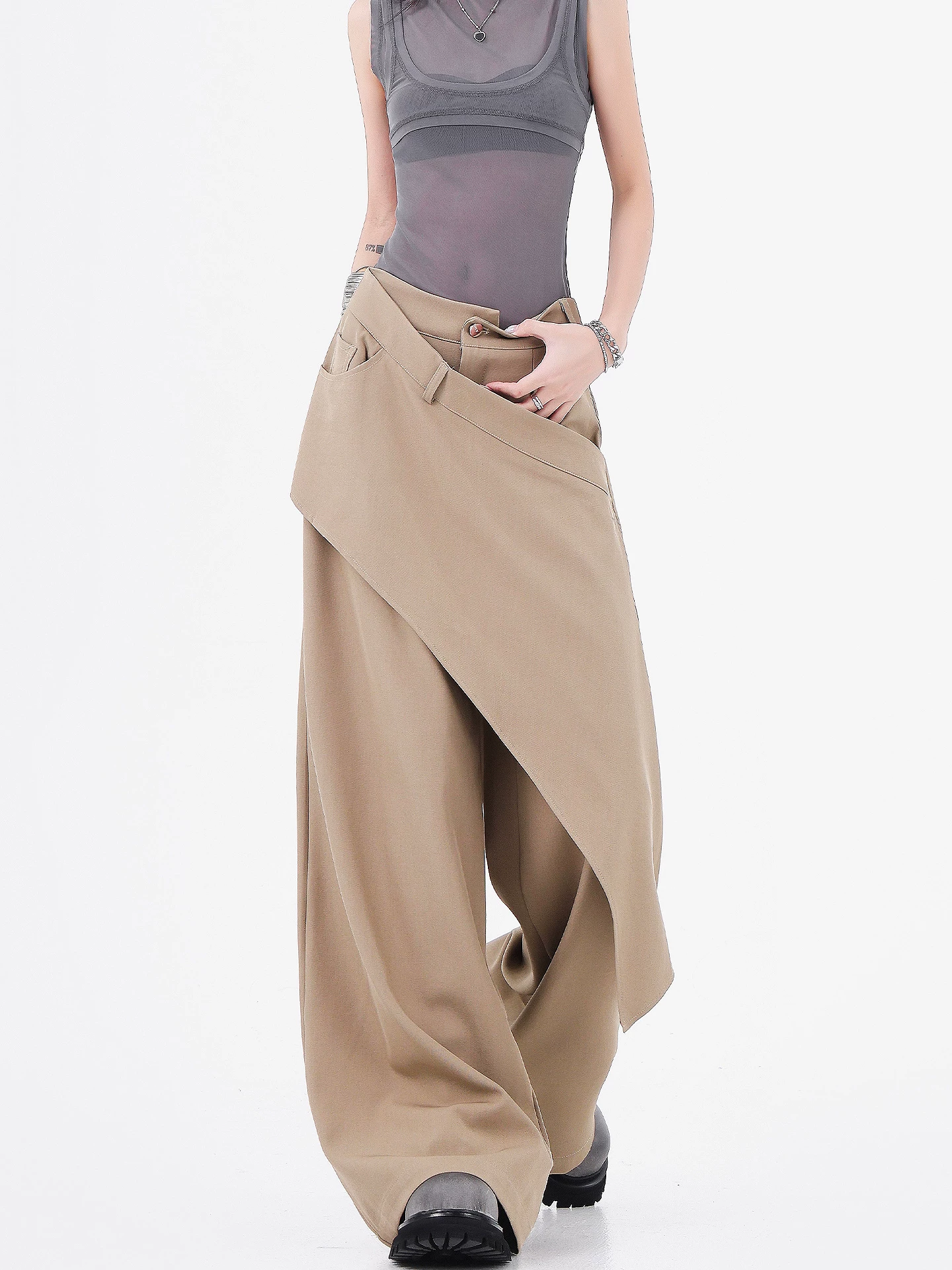 Quần vest chắp vá không đều kiểu dáng KEN STUDIO dành cho nữ, quần dài xếp ly dáng thẳng lưng cao mùa hè