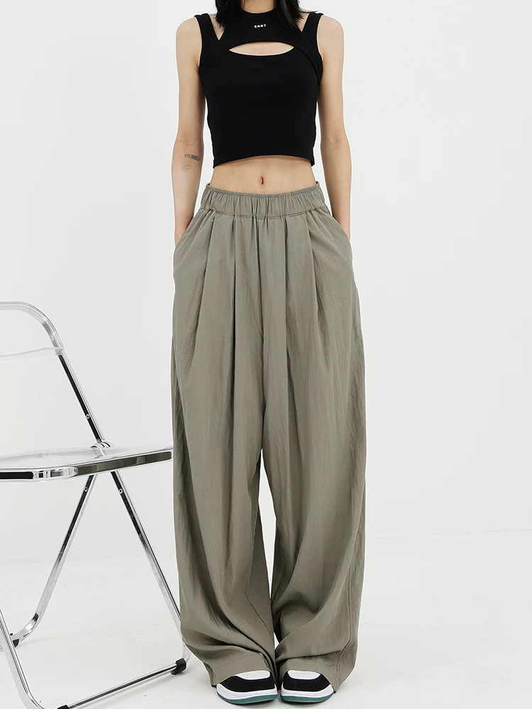 KEN STUDIO quần ống rộng màu xám mới mùa hè dành cho nữ, quần Yamamoto dài xếp ly, dáng rộng, đa năng, dài đến sàn