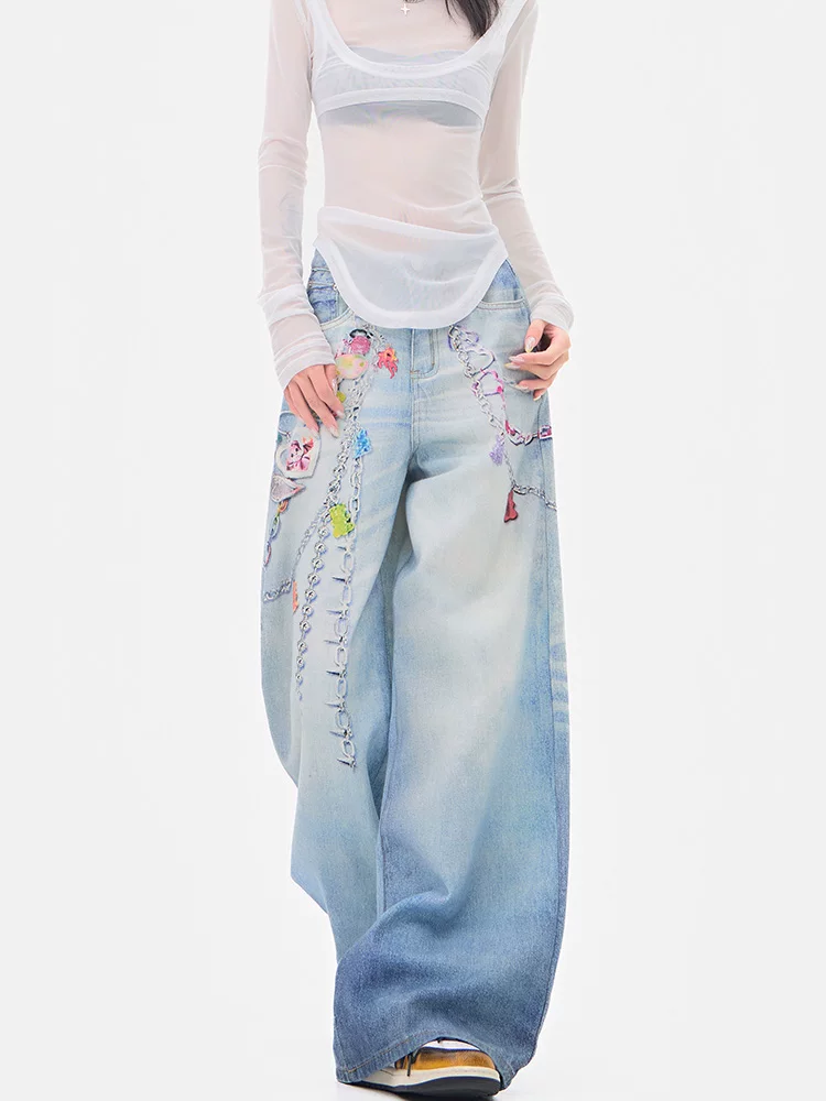 KEN STUDIO Quần jean ống rộng in họa tiết kiểu Mỹ dành cho nữ, quần dài dáng rộng dáng rộng mới mùa hè
