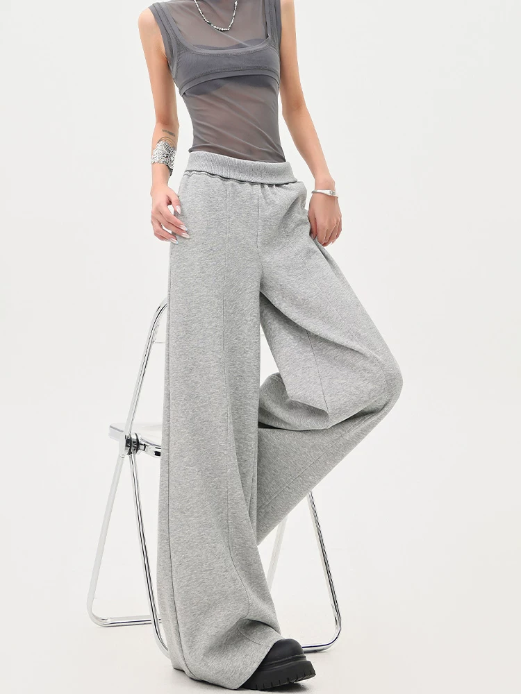 KEN STUDIO Quần thể thao màu xám phong cách Mỹ dành cho nữ, quần thể thao ống đứng cạp cao mới, quần ống rộng cho mùa hè và mùa thu.