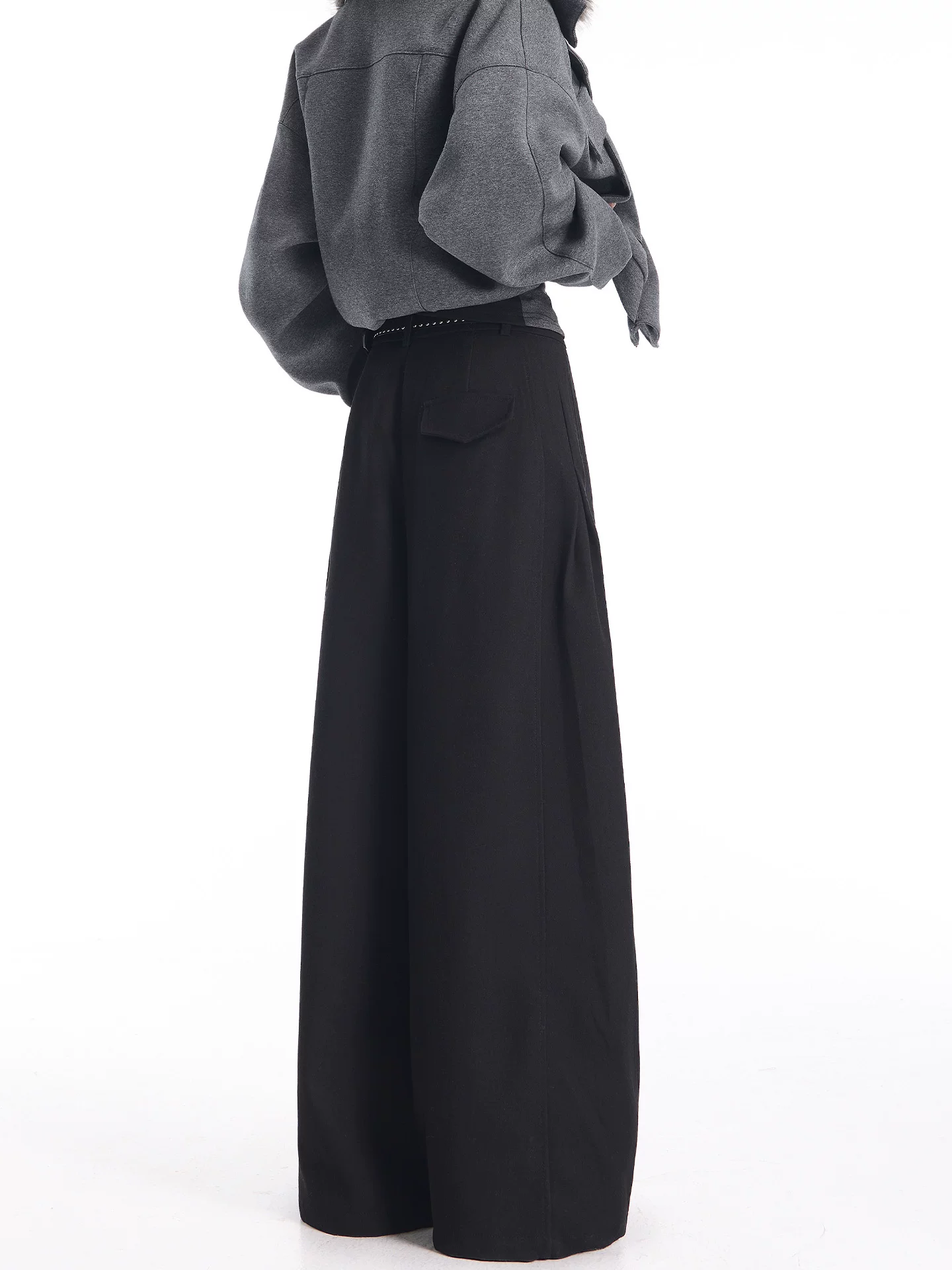 KEN STUDIO quần tây dày màu đen cổ điển mới mùa thu đông dành cho nữ, quần cạp cao, thon gọn, quần ống rộng dài chạm sàn