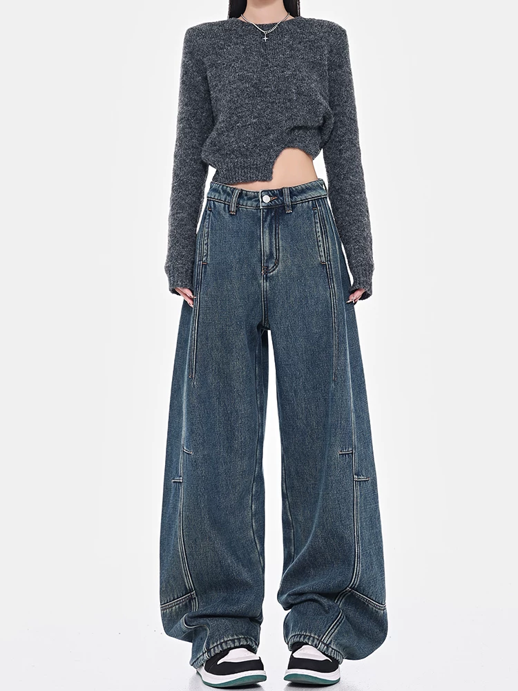 Quần jean lót lông cừu mùa thu đông của KEN STUDIO dành cho phụ nữ cao, quần ống rộng dáng rộng cực dài, quần chuối.