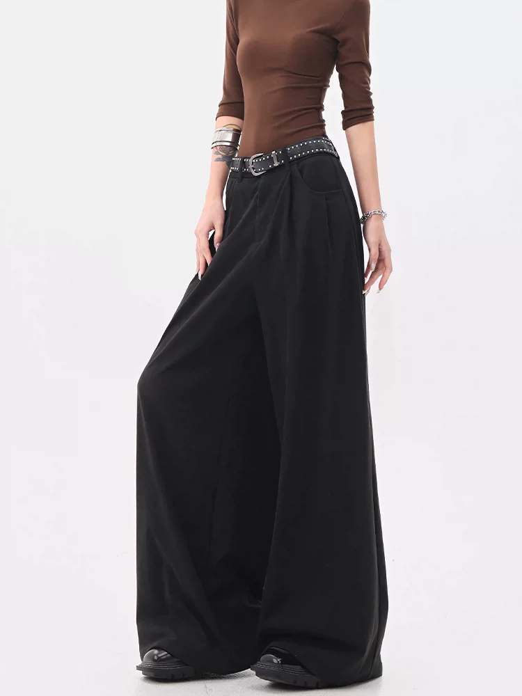 KEN STUDIO mùa thu đông mới quần tây ống rộng da lộn màu đen quần tây nữ thông thường đa năng quần ống đứng quần tây