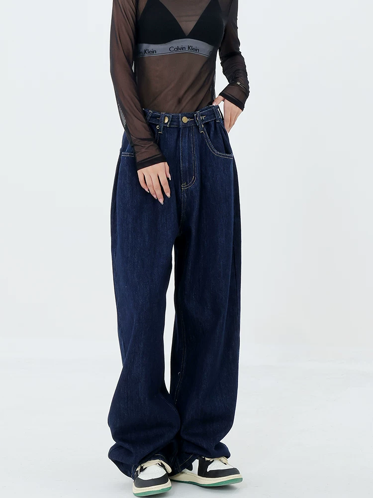 Quần jean ống đứng màu xanh đậm mùa xuân thu của KEN STUDIO dành cho phụ nữ cao, quần dài, quần cạp thấp và quần cạp cao.