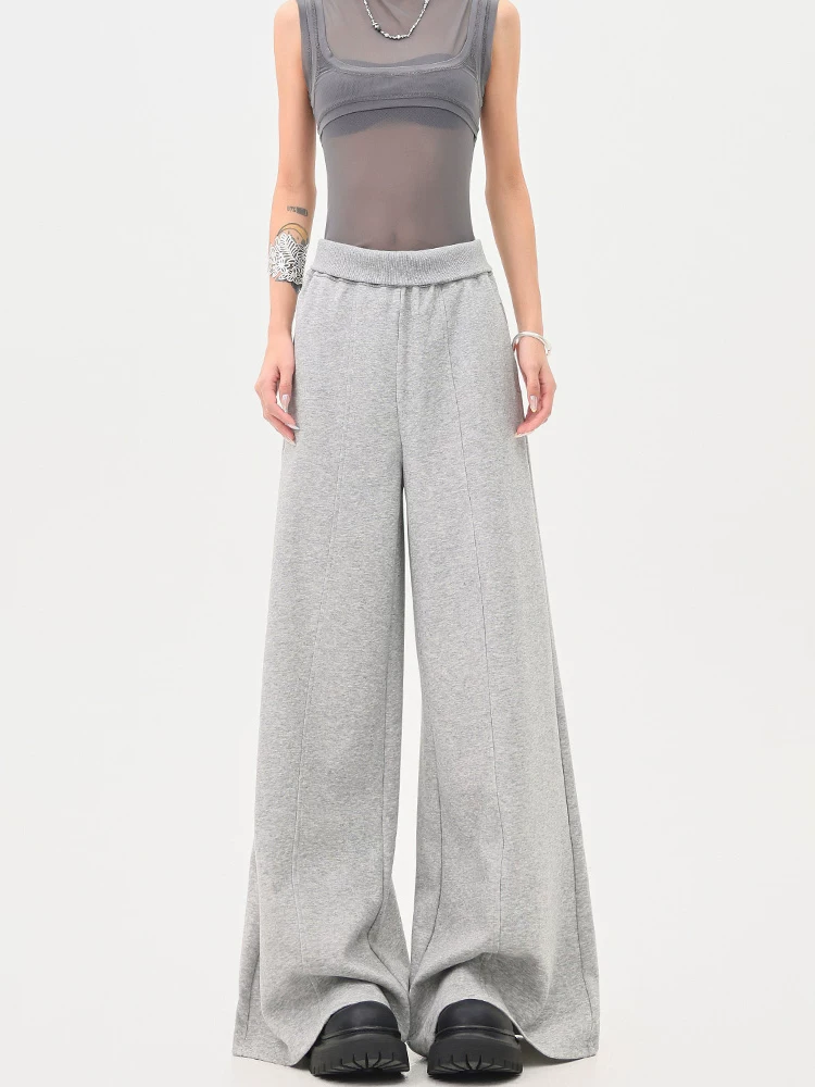 KEN STUDIO Quần thể thao màu xám phong cách Mỹ dành cho nữ, quần thể thao ống đứng cạp cao mới, quần ống rộng cho mùa hè và mùa thu.