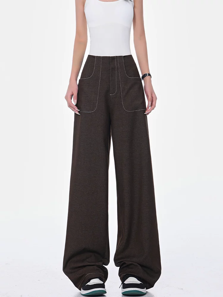 KEN STUDIO Xuân Thu Quần tây ống rộng đa năng màu cà phê dành cho nữ Quần ống rộng lưng cao dáng rộng giảm béo thường ngày