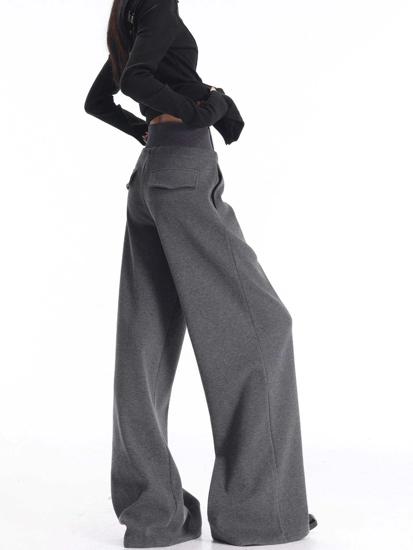 KEN STUDIO quần thể thao dày lót lông cừu màu xám thu đông mới dành cho nữ, quần cạp cao, dáng rộng, quần ống rộng kiểu gạo nếp