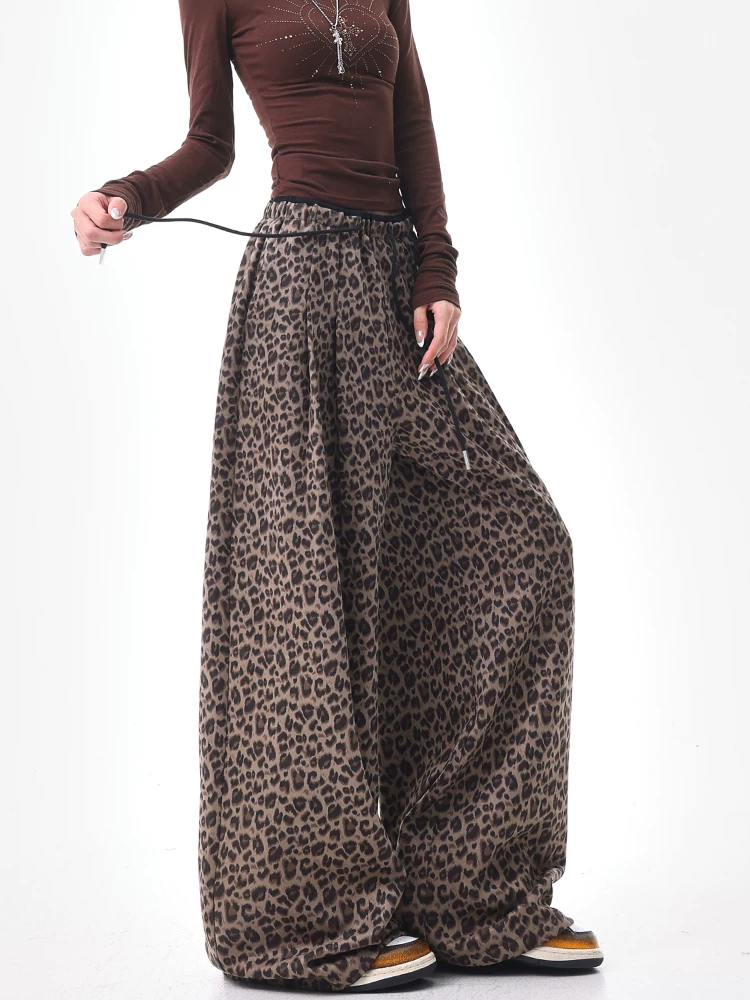 KEN STUDIO mùa thu đông mới phong cách retro da lộn in họa tiết da báo quần âu nữ lưng cao dáng rộng quần ống rộng giảm béo