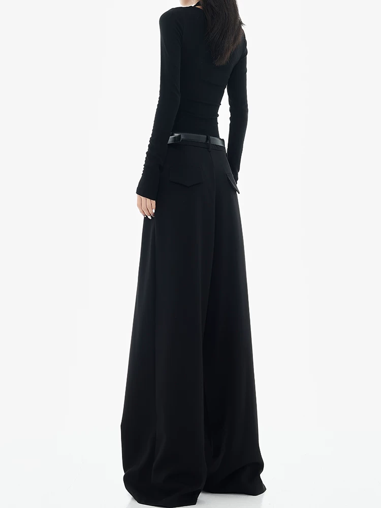 KEN STUDIO Xuân Thu Quần tây ống rộng màu đen mới dành cho nữ, thiết kế cao cấp, xếp nếp, dáng rộng, giảm béo, quần dài ngang sàn