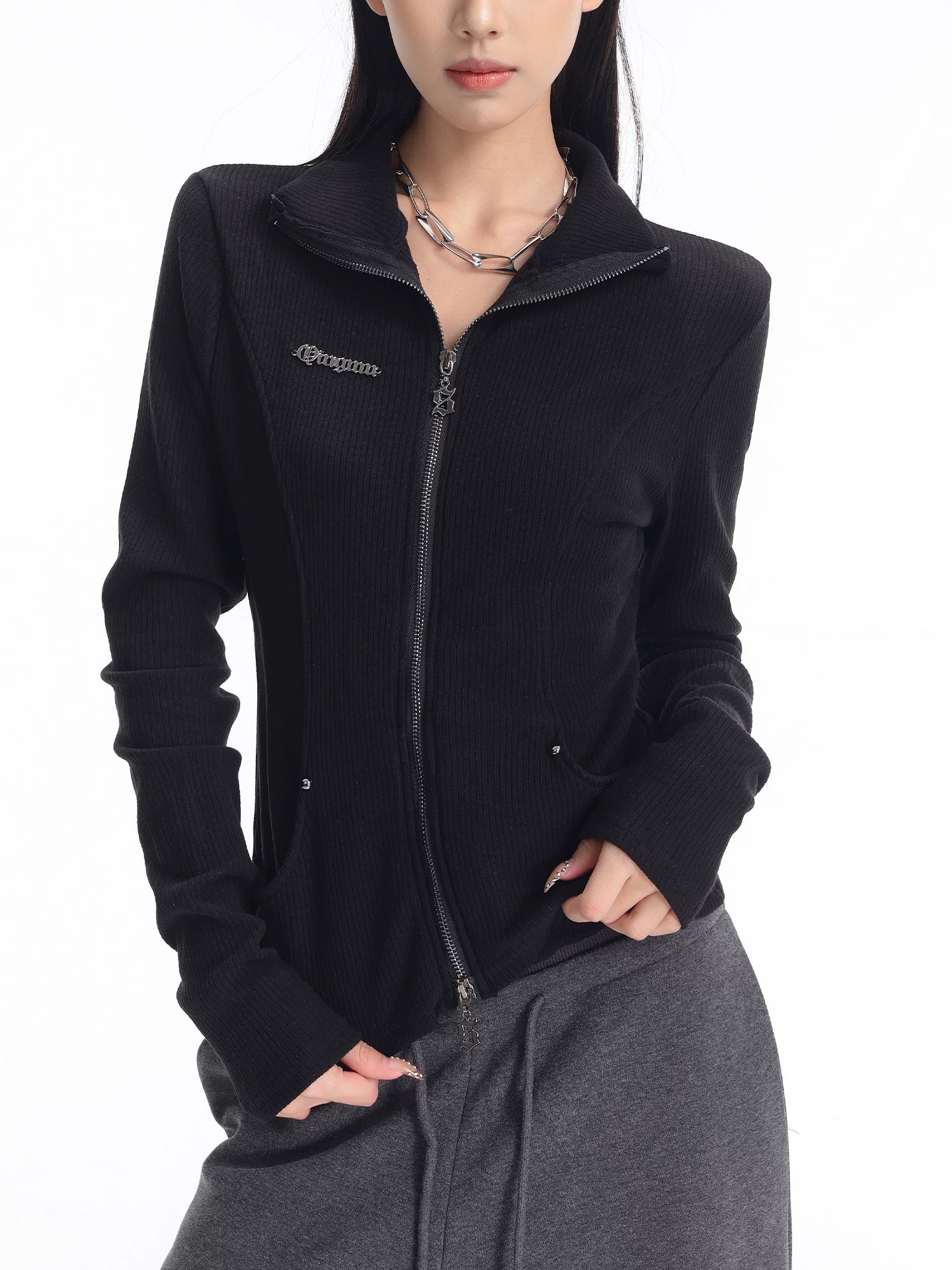 KEN STUDIO mùa thu đông mới phong cách Mỹ áo khoác cardigan dệt kim màu đen dành cho nữ dáng ôm vừa vặn áo dài tay sọc