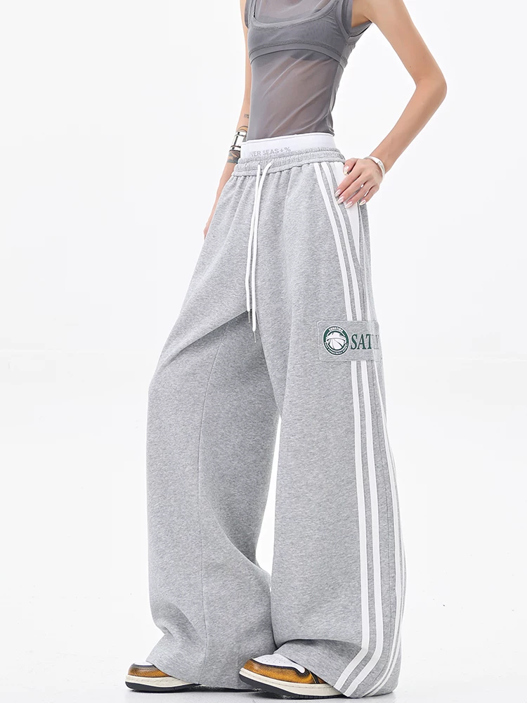 KEN STUDIO Quần thể thao in chữ phong cách retro kiểu Mỹ dành cho nữ quần thể thao ống rộng dáng rộng đa năng
