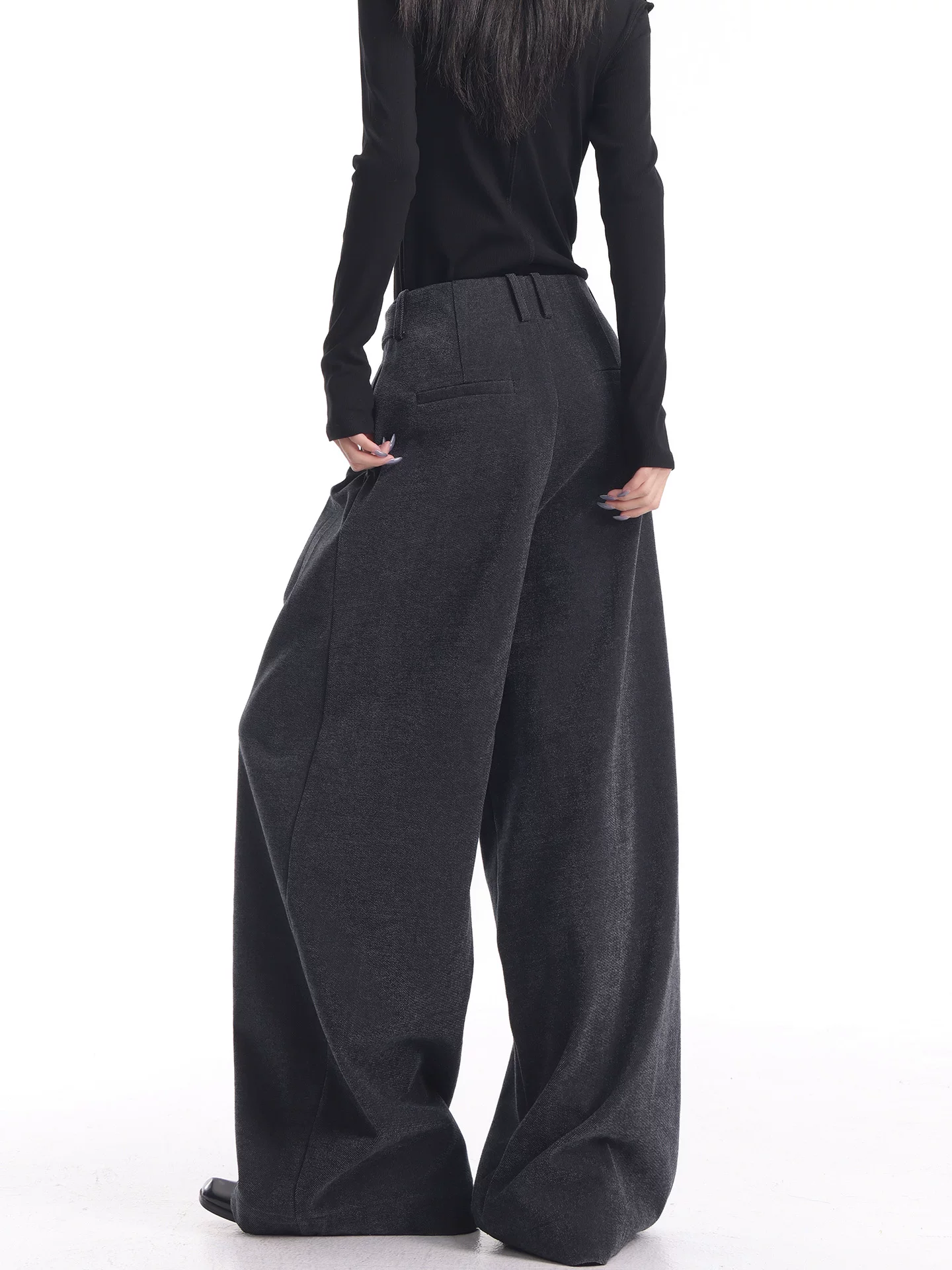 KEN STUDIO Quần thường ngày dày dặn có lót lông cừu màu xám hoa mùa thu đông mới dành cho nữ với thiết kế nhiều khuy quần ống rộng