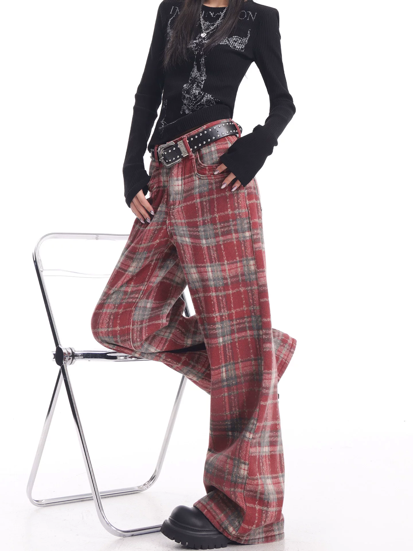 KEN STUDIO quần jean kẻ sọc đỏ cổ điển mới mùa thu đông dành cho nữ, quần ống rộng dài đến sàn, lót lông cừu và dày dặn.