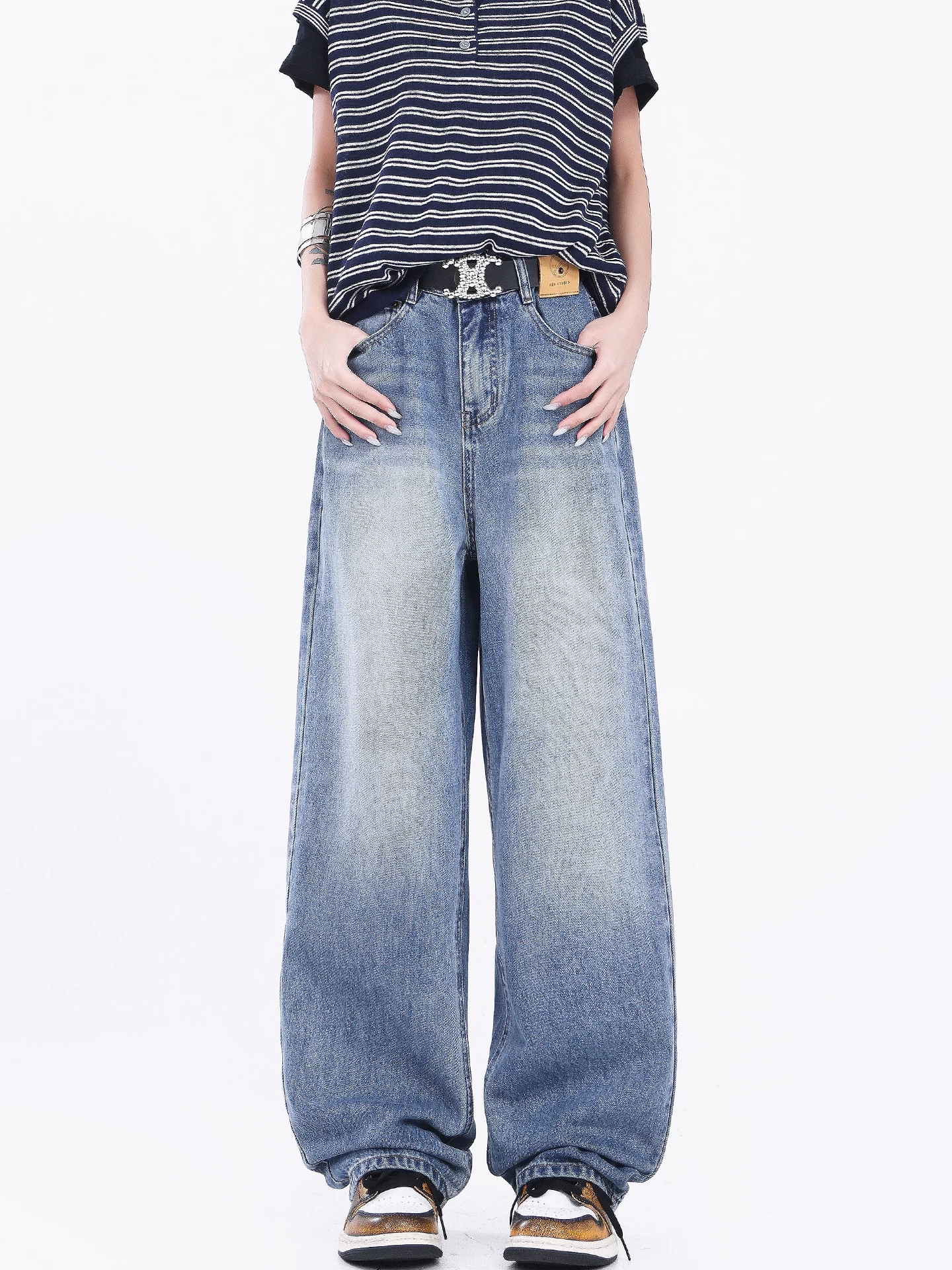 KEN STUDIO Quần jean ống đứng màu xanh cổ điển kiểu Mỹ dành cho nữ, quần ống rộng lưng cao mùa hè mới