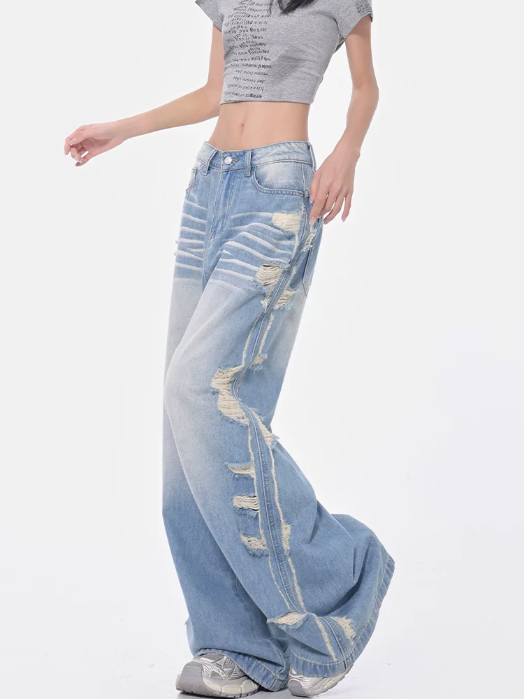 KEN STUDIO Xuân Thu Quần jean ống rộng màu xanh nhạt cổ điển mới dành cho nữ với thiết kế rách Quần ống đứng kiểu dáng đơn giản