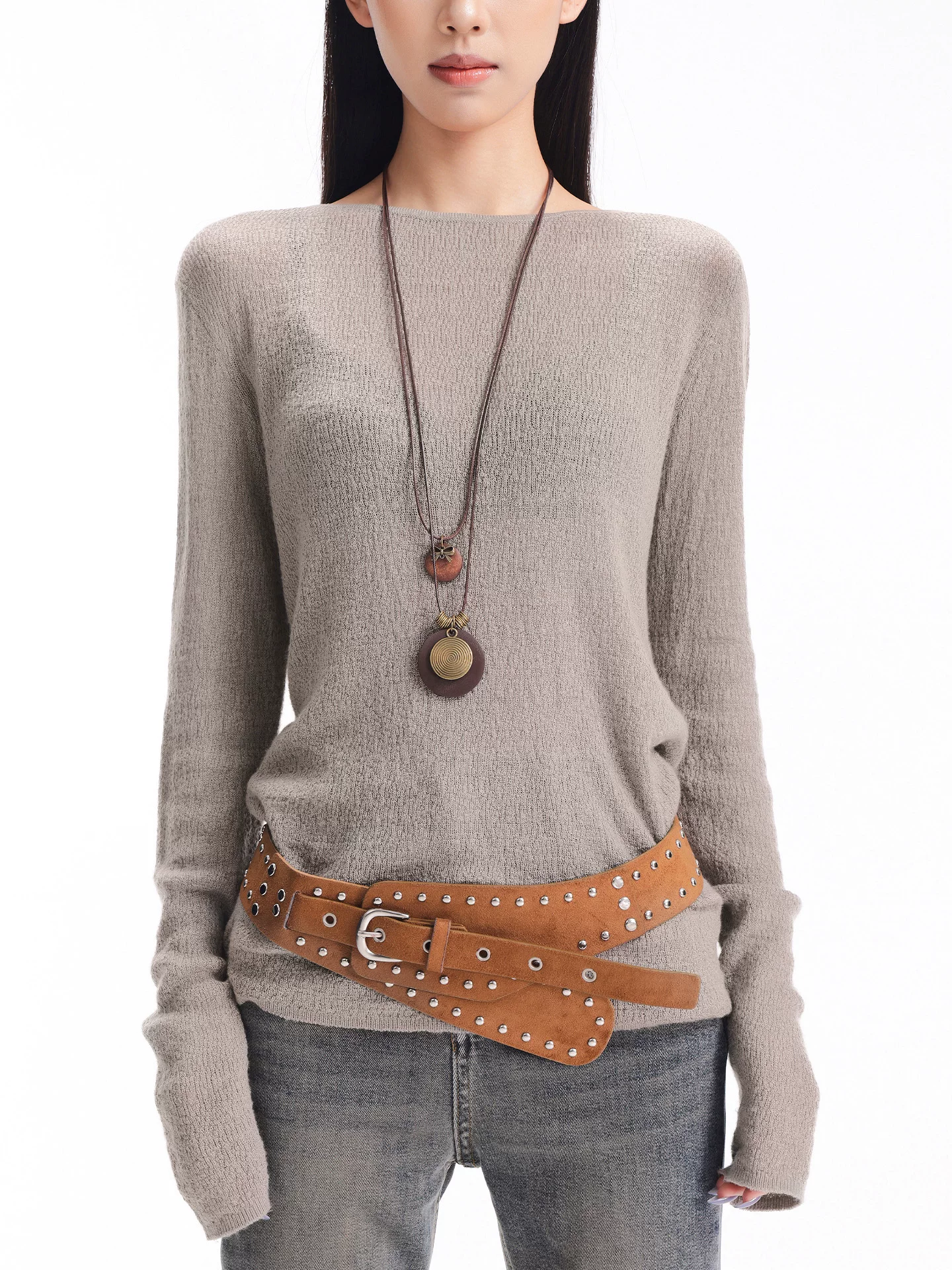 KEN STUDIO mới mùa thu đông áo thun dệt kim dài tay cổ tròn hơi xuyên thấu Áo thun nữ dáng rộng dáng rộng dài tay