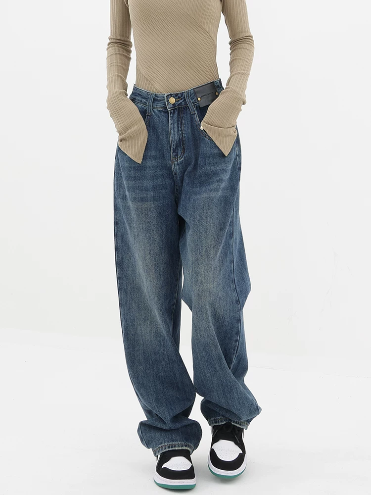 Quần jean ống đứng lưng cao màu xanh cổ điển của KEN STUDIO dành cho nữ, quần dài dáng rộng có lót lông cừu mùa thu đông, quần dáng rộng thời trang