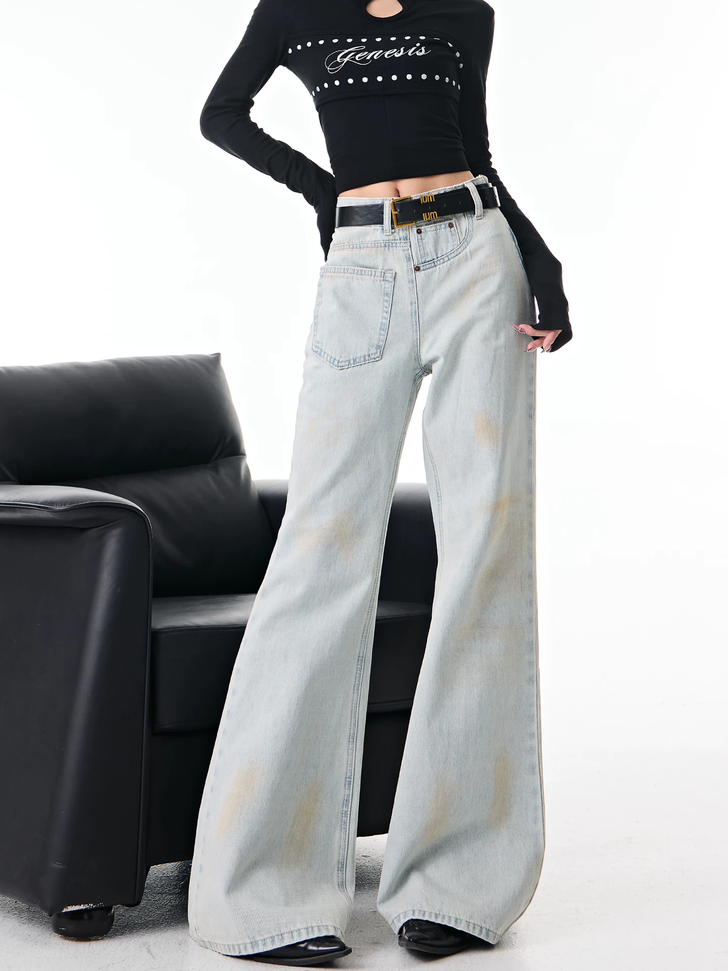 KEN STUDIO Quần jean ống loe màu xanh mùa thu mới dành cho nữ với thiết kế khóa kéo bên hông, quần ống loe dáng rộng