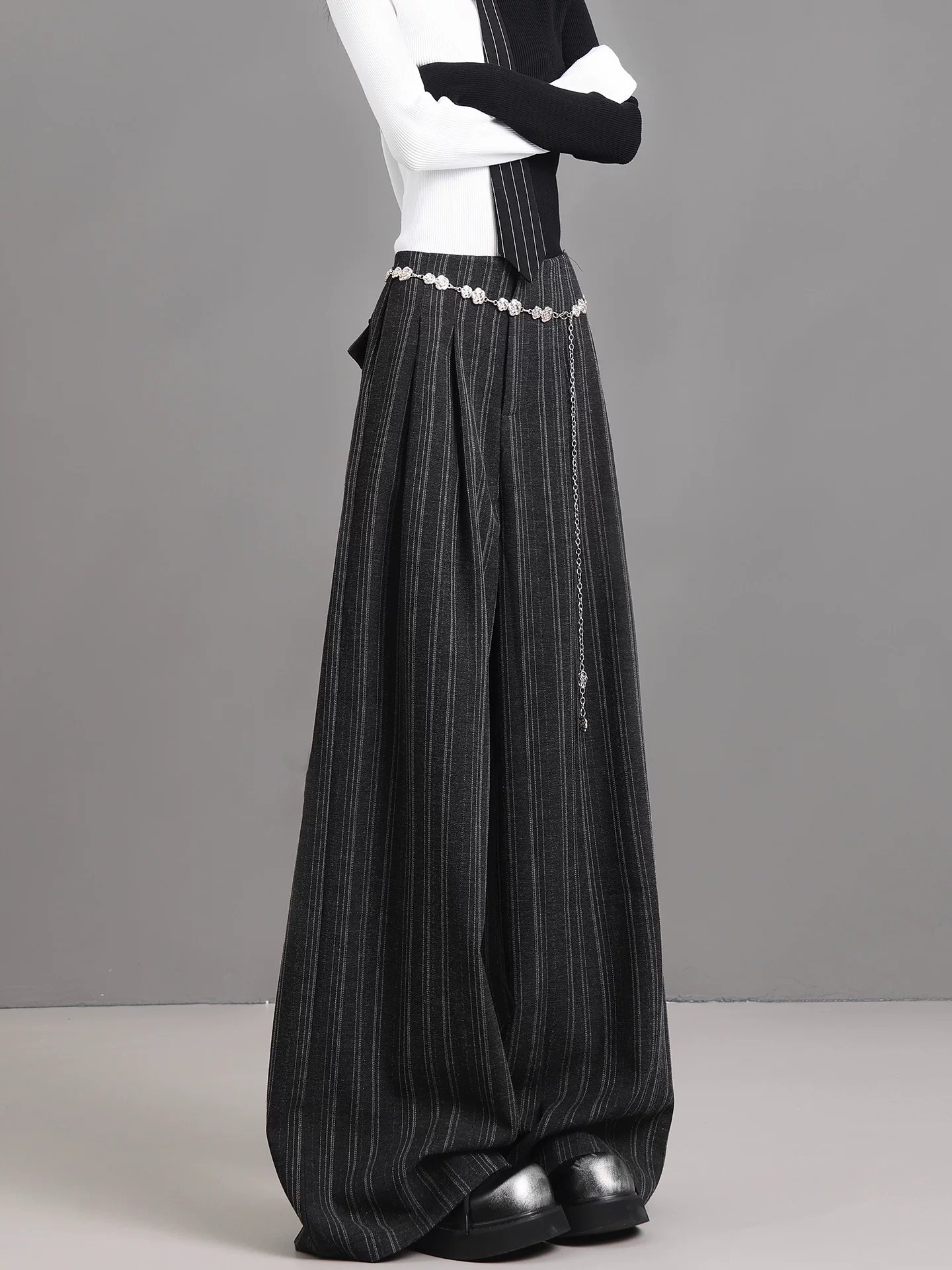 KEN STUDIO Xuân Thu Mới Quần Sọc Xám Nữ Cao Cấp Rời Drap Giảm Béo Quần Ống Rộng