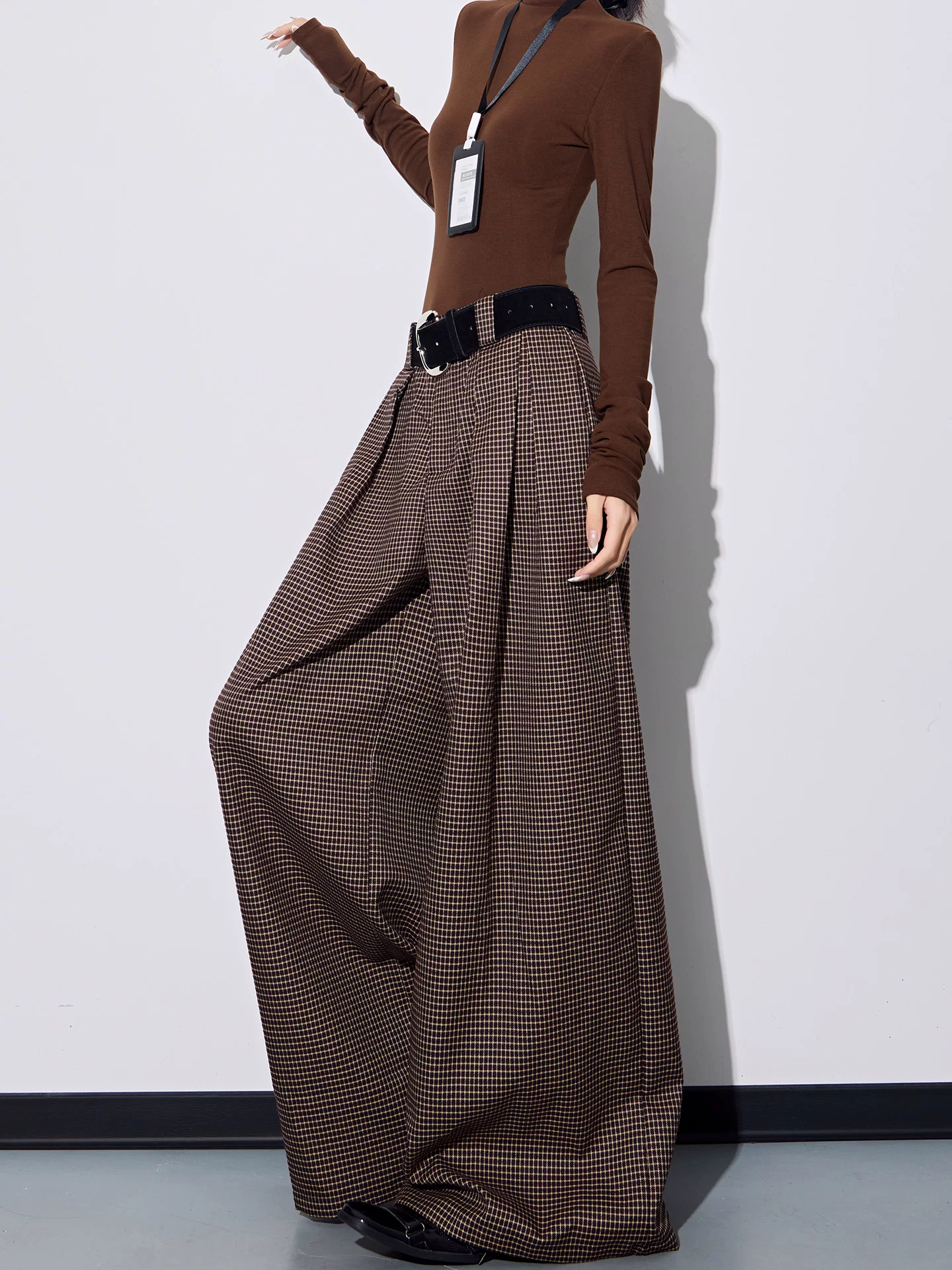 KEN STUDIO Thu Đông Mới Phong Cách Vintage Quần Kẻ Sọc Nữ Phong Cách Old Money Thiết Kế Quần Ống Rộng Dáng Rộng