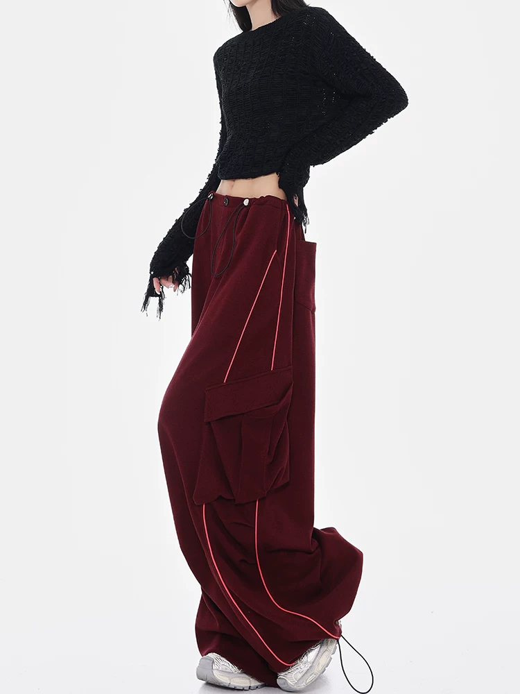 KEN STUDIO quần ống rộng thiết kế túi dây rút màu đỏ mùa thu đông mới dành cho nữ, quần thường ngày đa năng đường phố cao cấp