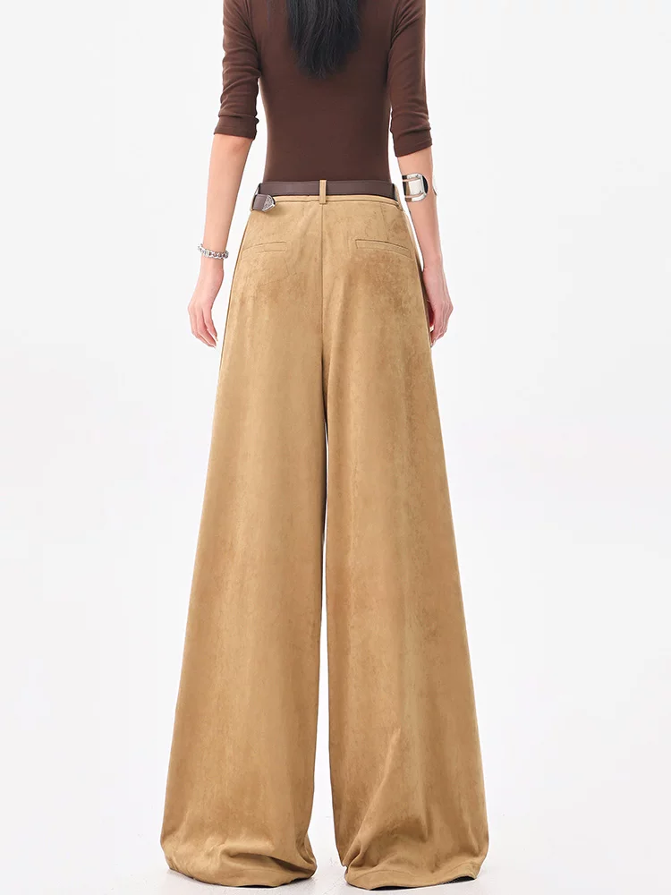 KEN STUDIO Quần tây ống rộng da lộn màu kaki mới thu đông dành cho nữ, quần cạp cao, dáng rộng, quần thường ngày giúp giảm béo