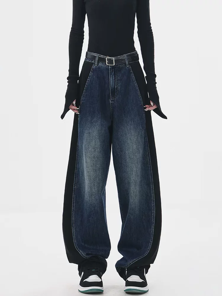 KEN STUDIO quần jean phối màu chắp vá mùa thu đông mới dành cho nữ, quần ống rộng dáng rộng sành điệu, quần chuối