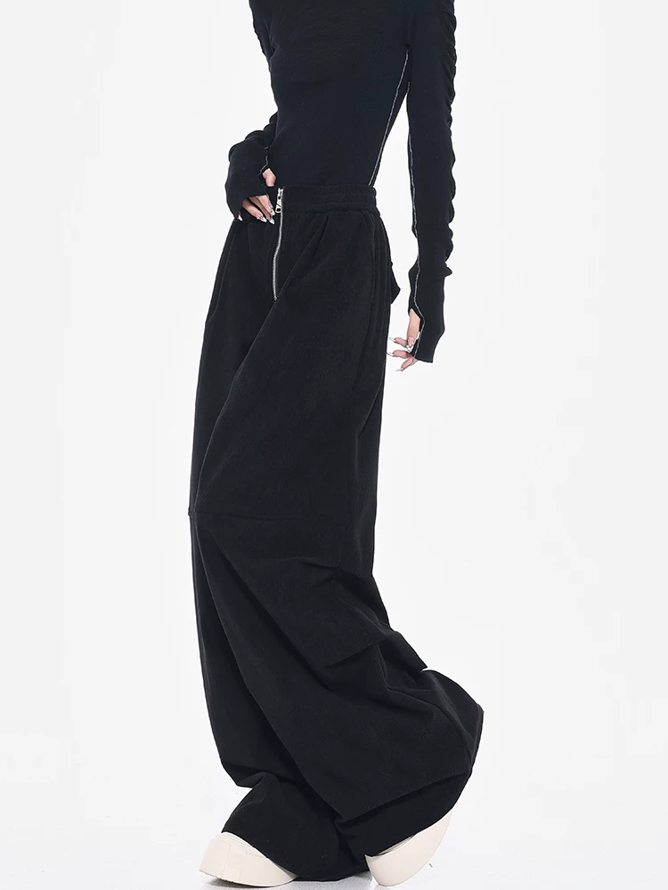 KEN STUDIO Quần ống rộng vải nhung dày màu đen thu đông mới dành cho nữ, quần cạp cao, giảm béo, quần rộng rãi thường ngày