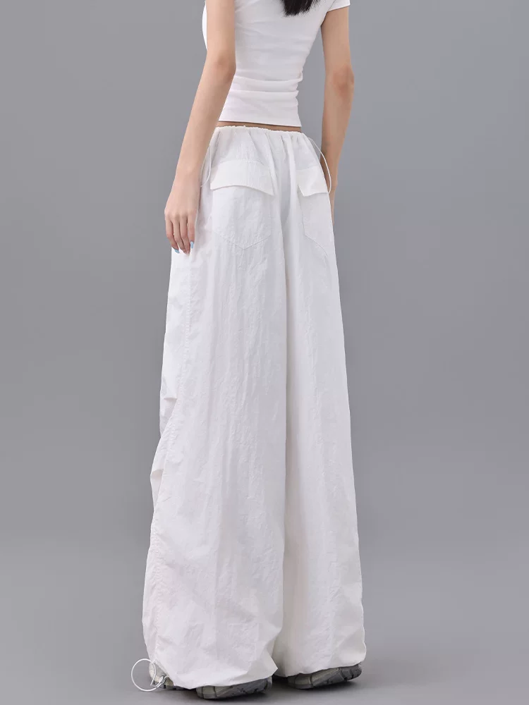 KEN STUDIO quần dài xếp ly dây rút phong cách đường phố mùa hè của Mỹ dành cho nữ, quần jogger ống rộng thoáng khí lưng cao dành cho nữ