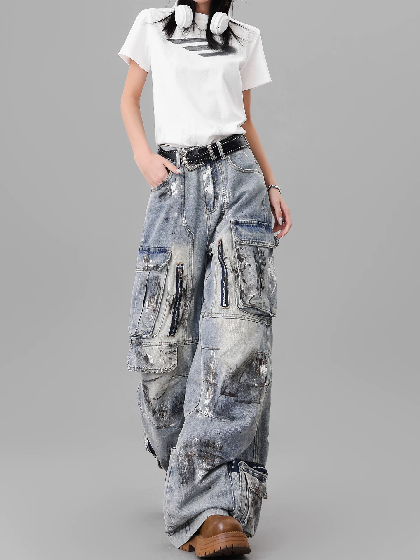 Quần jean công sở thiết kế nhiều túi sơn kiểu cổ điển của KEN STUDIO dành cho nữ, quần ống rộng lưng cao mùa hè