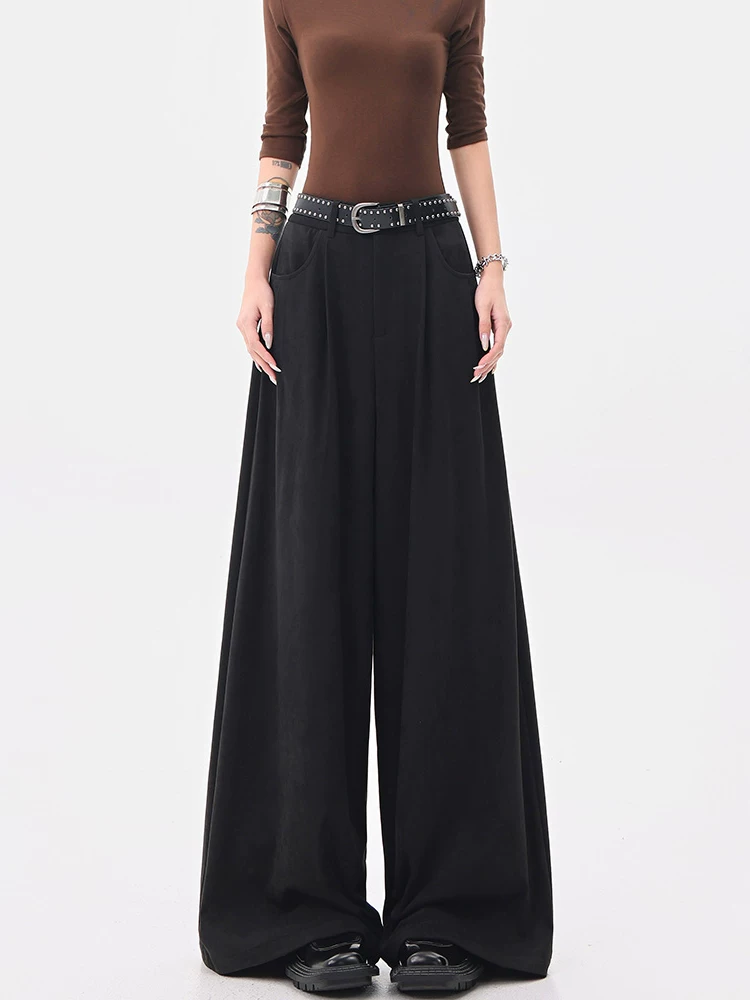 KEN STUDIO mùa thu đông mới quần tây ống rộng da lộn màu đen quần tây nữ thông thường đa năng quần ống đứng quần tây