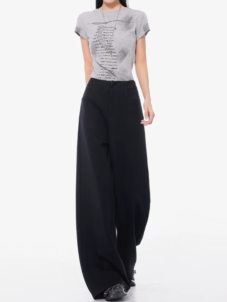 KEN STUDIO Xuân Thu Mới Quần thể thao màu đen Quần thể thao nữ dáng rộng Quần thường ngày lưng cao Quần dài thẳng đến sàn