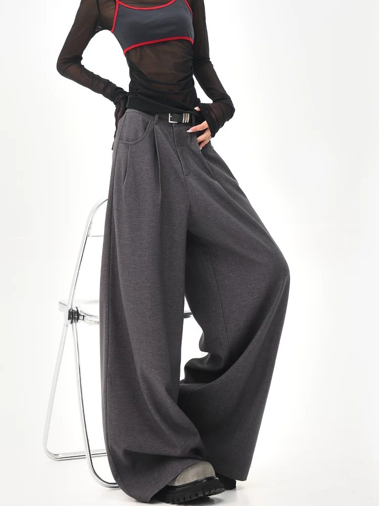 KEN STUDIO Quần tây ống rộng màu xám mùa hè mới dành cho nữ, lưng cao, dáng suôn, rộng rãi, tôn dáng, quần dài chấm đất