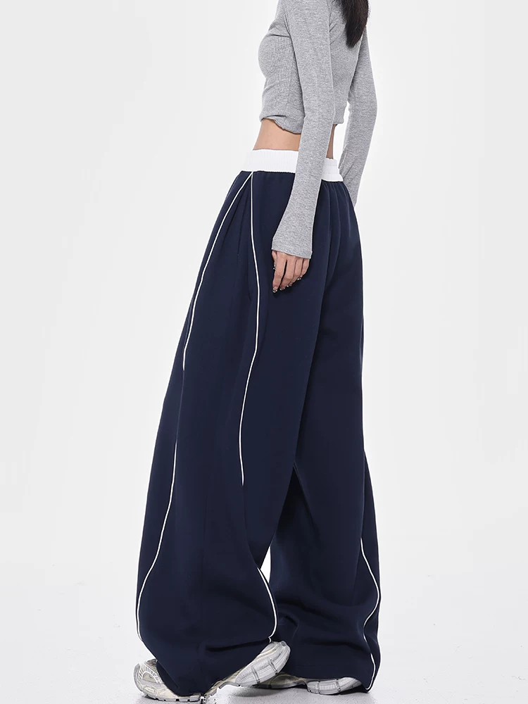 Quần thể thao dây rút màu xanh mùa thu đông của KEN STUDIO dành cho nữ, dáng rộng, tôn dáng, quần ống rộng dài đến sàn đa năng