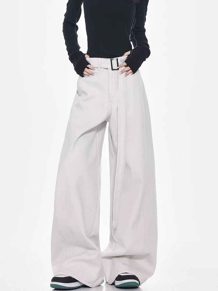 Quần jeans ống đứng thiết kế thắt lưng trắng kiểu mới Xuân Thu của KEN STUDIO dành cho nữ, cạp cao, dáng rộng, tôn dáng