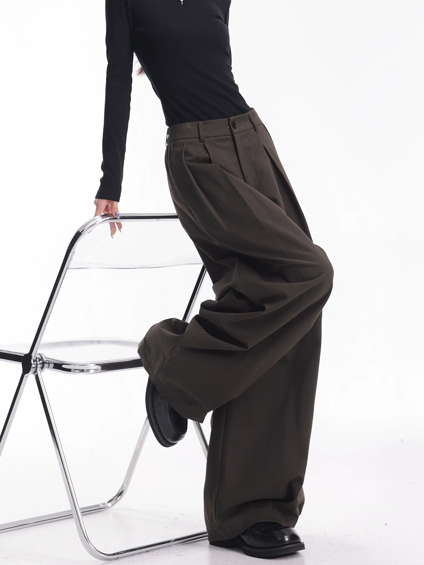 KEN STUDIO Quần tây ống rộng xếp ly màu cà phê mới thu đông dành cho nữ, quần dài dáng rộng, dáng rộng, đa năng, quần dài