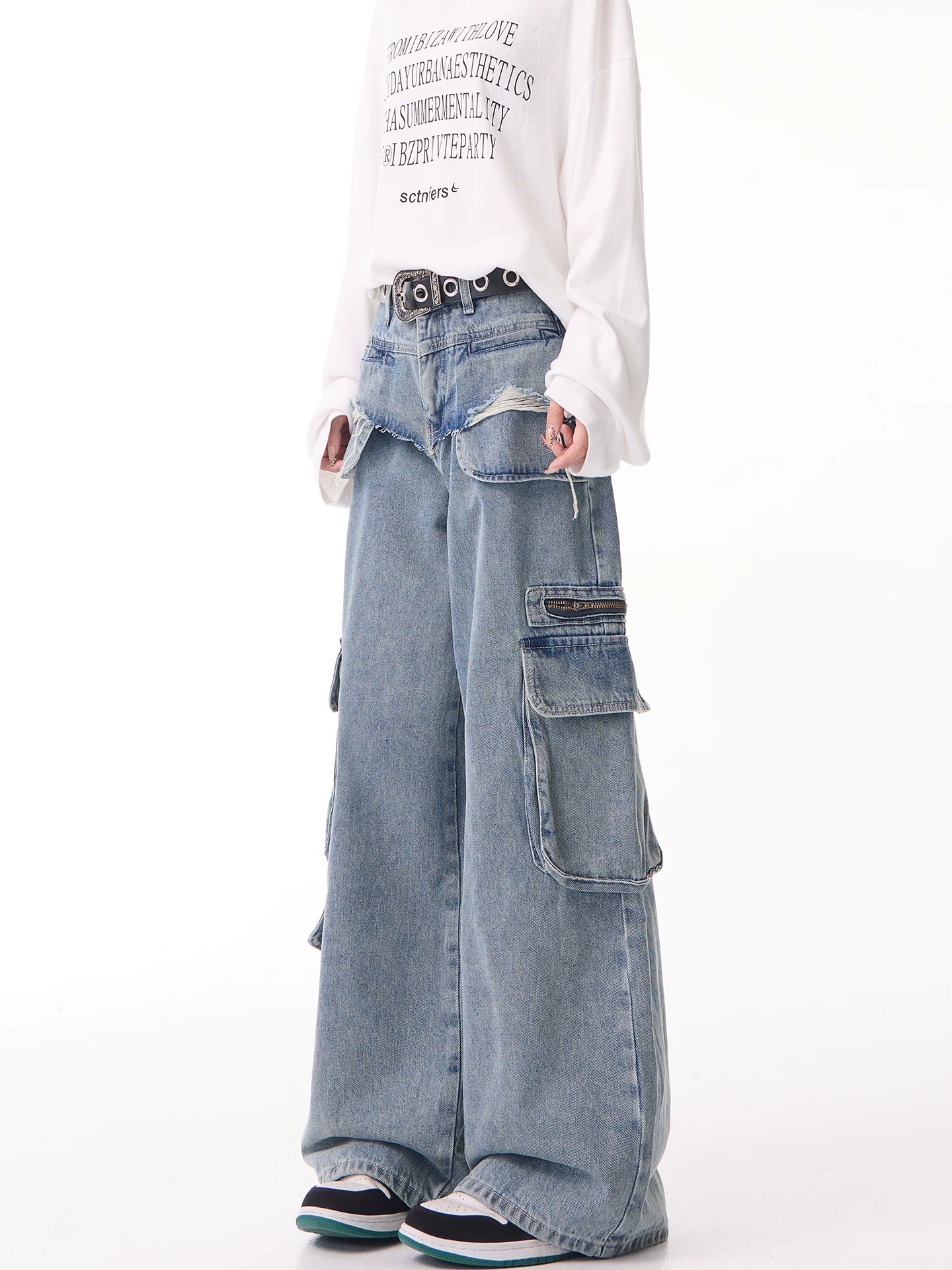 KEN STUDIO quần jean công sở thiết kế cổ điển kiểu Mỹ dành cho nữ, quần ống rộng lưng cao mới mùa xuân và mùa thu