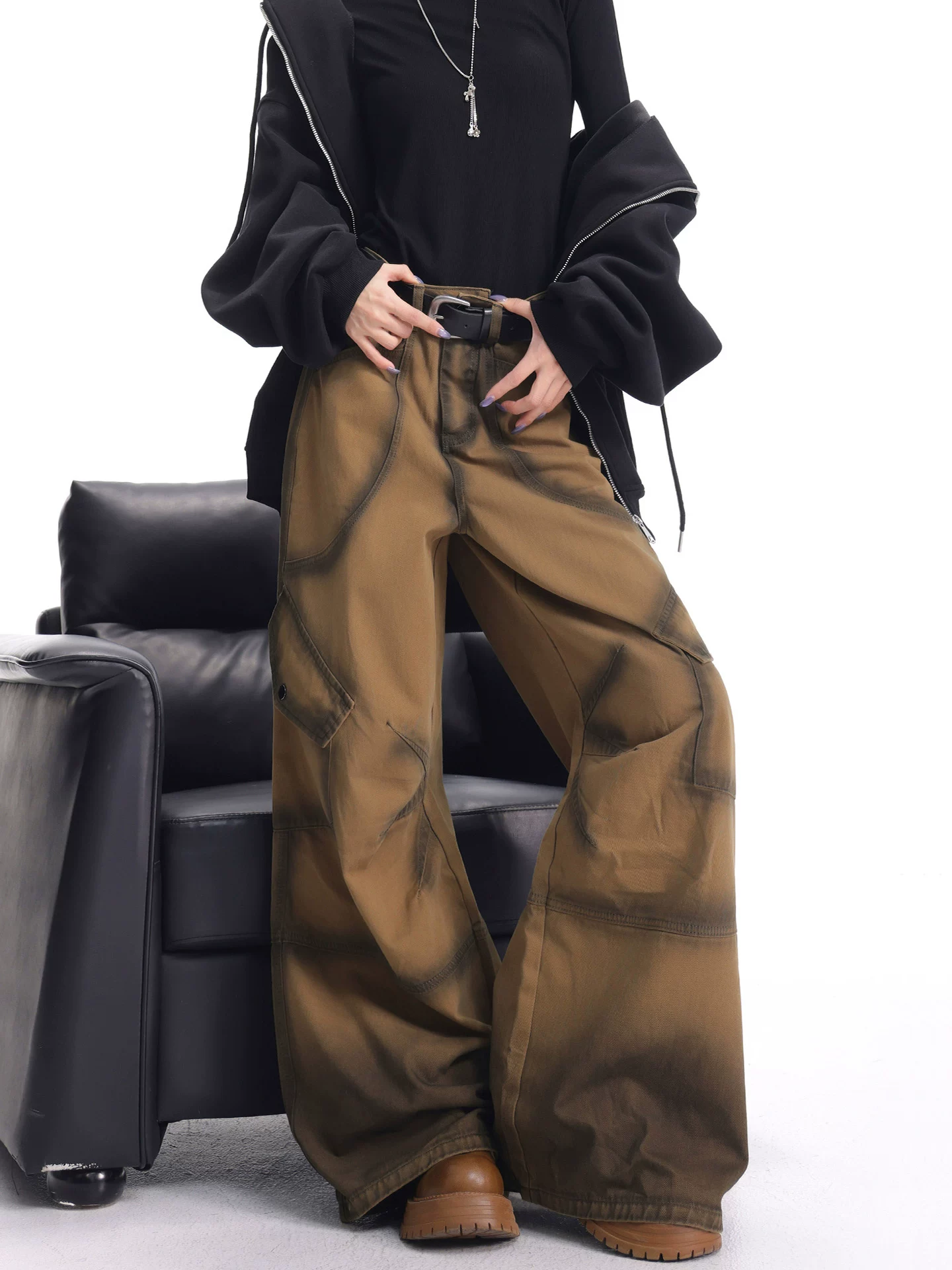 KEN STUDIO mùa thu đông mới quần kaki cổ điển quần kaki nữ Melard quần dài rộng đến sàn quần ống rộng quần dài