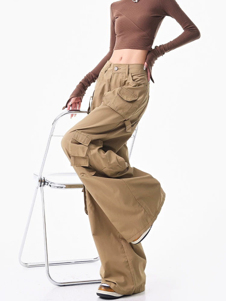 KEN STUDIO Quần ống rộng phong cách Mỹ mùa thu mới dành cho nữ với nhiều túi và thiết kế xếp nếp, quần dài đến sàn