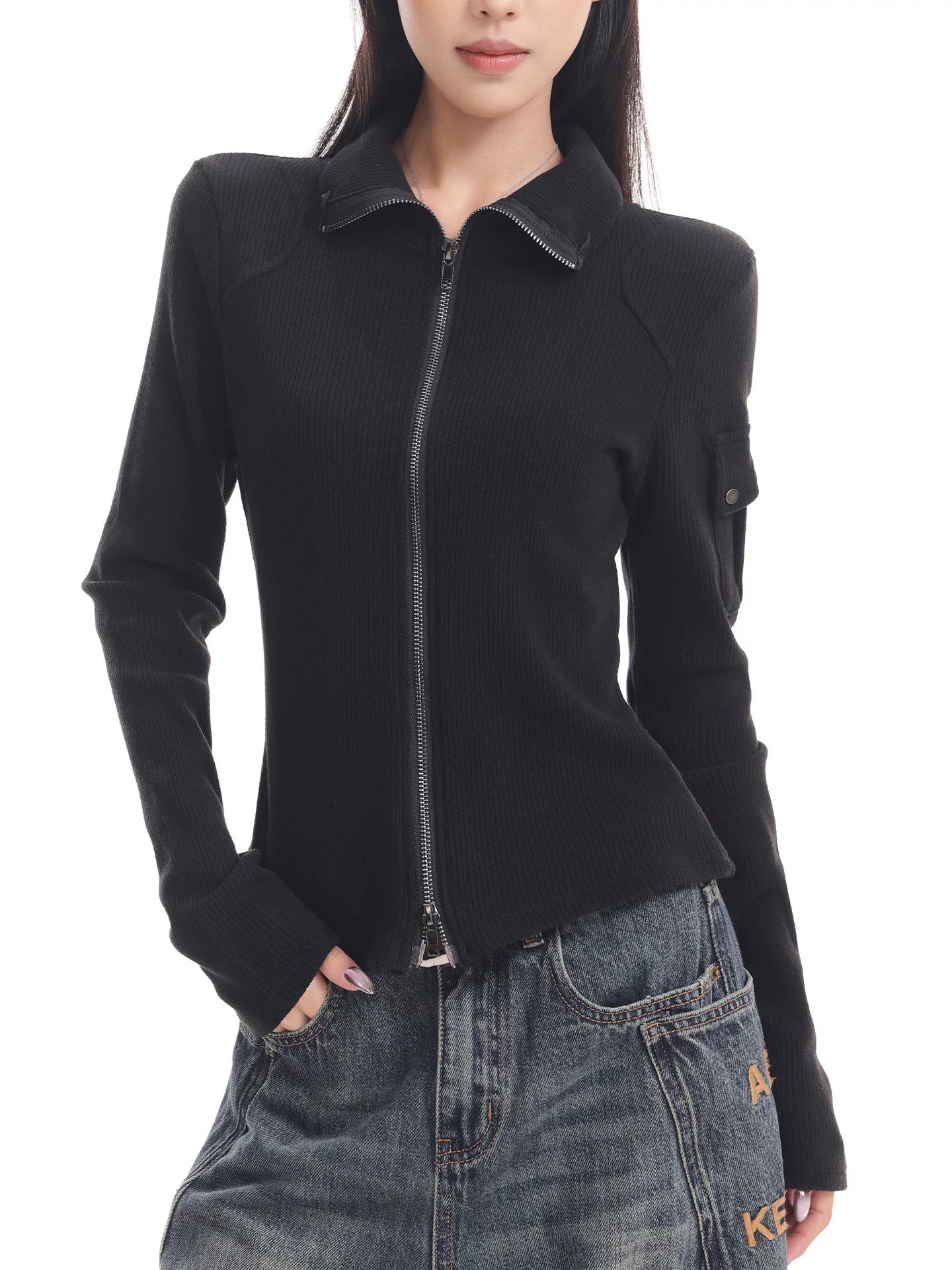 KEN STUDIO mới mùa thu đông màu đen dệt kim nữ có khóa kéo đôi có ve áo dáng ôm vừa vặn áo cardigan dài tay