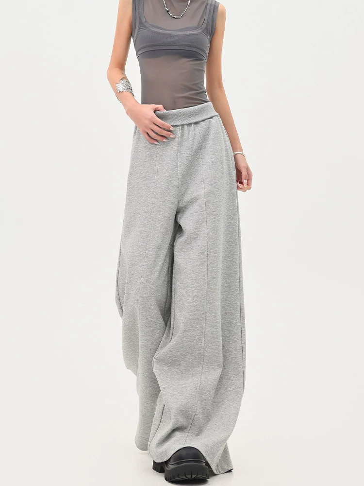 KEN STUDIO Quần thể thao màu xám phong cách Mỹ dành cho nữ, quần thể thao ống đứng cạp cao mới, quần ống rộng cho mùa hè và mùa thu.