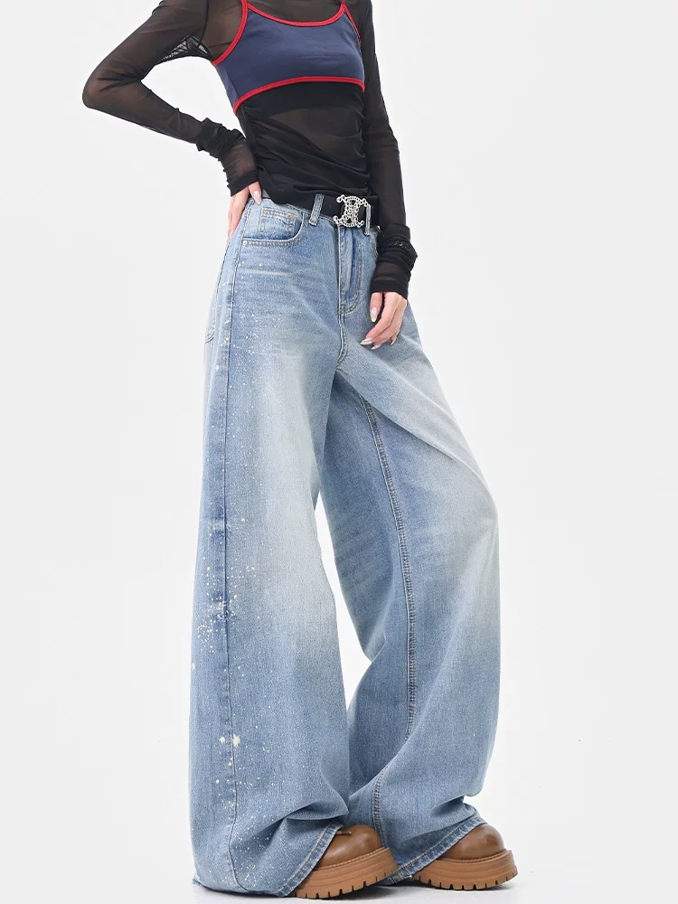 Quần jean màu xanh nhạt kiểu cổ điển của KEN STUDIO dành cho nữ, thiết kế mùa hè mới, quần ống rộng dáng rộng