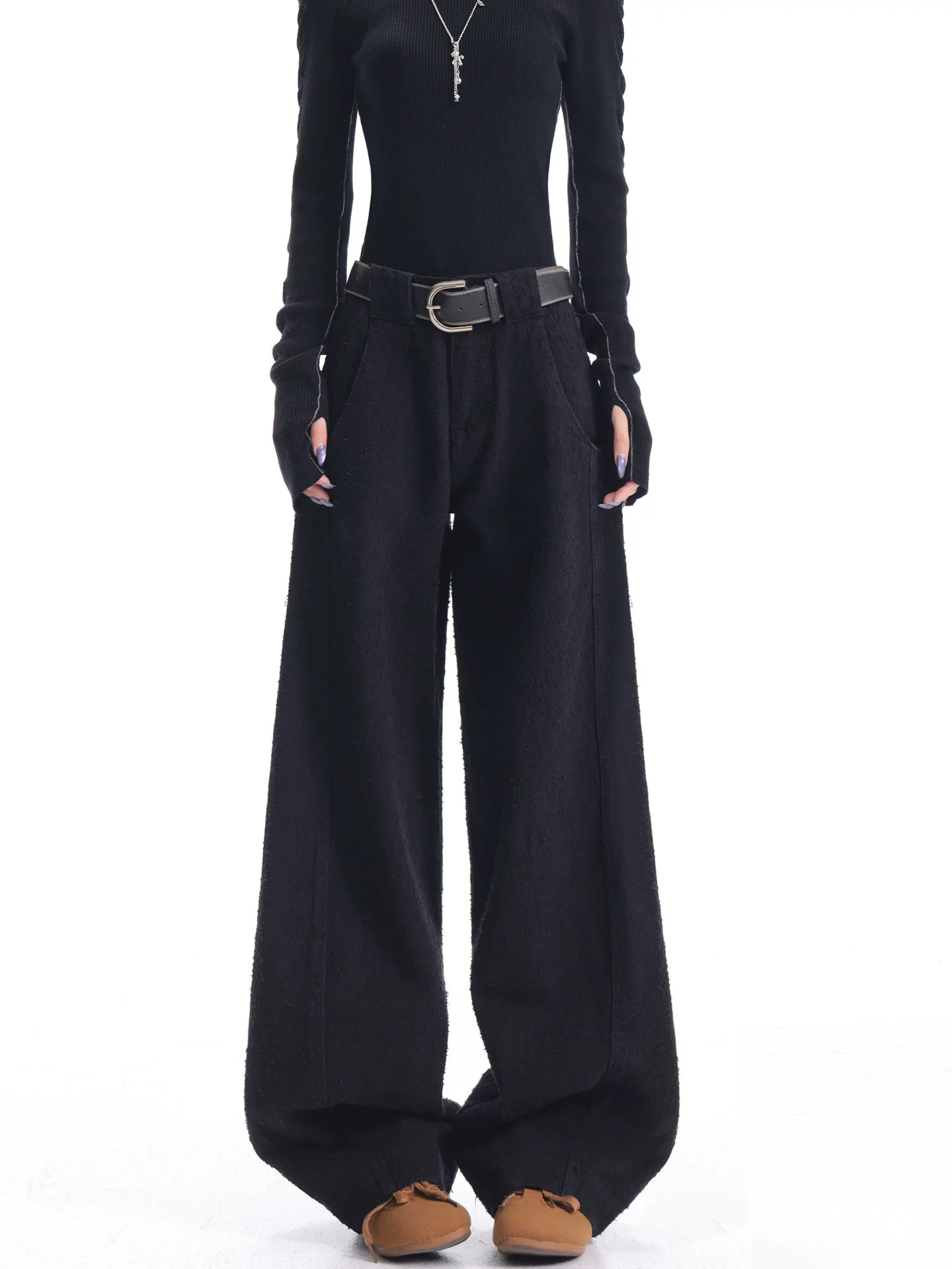 KEN STUDIO Quần jean ống rộng màu đen thu đông mới dành cho nữ, kiểu dáng rộng rãi sành điệu, quần dài đến sàn giúp thon gọn